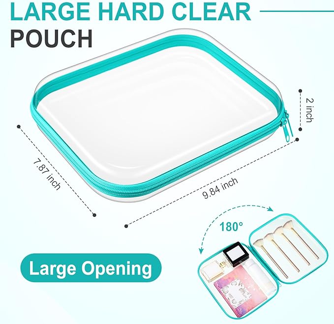 Sanwuta 6 Pcs Clear Hard Zipper Case Hard Plastic Zipper Pouches Transparent Makeup Bag Pencil Pouches for Travel Snacks Christmas Trinket Storage Organizer Box(Teal,9.84 x 7.87 x 2 Inch)
