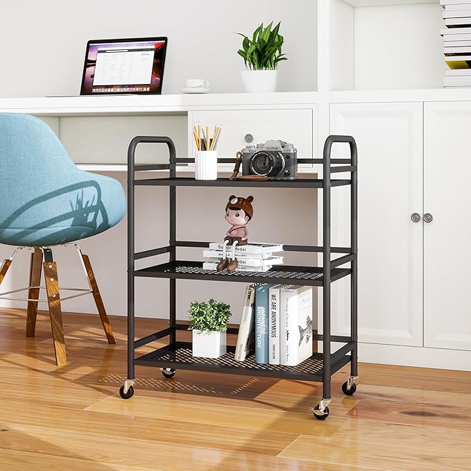 HDANI 3 Tier Metal Rolling Heavy Cart Supports 40 Lbs Per Tier,Mesh Rolling Cart with 2 Lockable Wheels for Office,Home,Bedroom,Kitchen,Bathroom(Black)