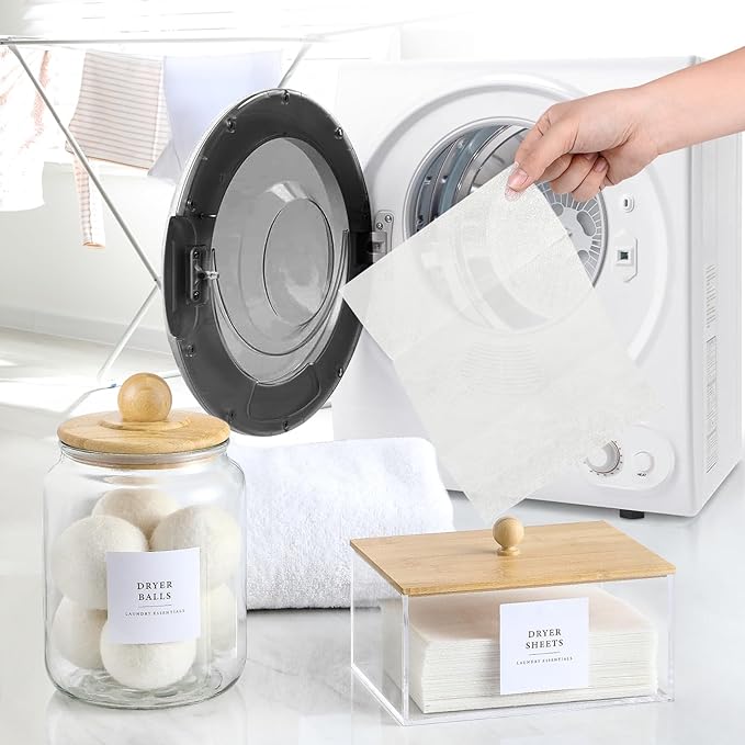 Glass Jars and Dryer Sheet Holder with Bamboo Lids, Dispenser Set and Labels, Containers for Laundry Room Organization and Storage, Half Gallon Airtight jars, Acrylic Storage Box for Laundry supplies