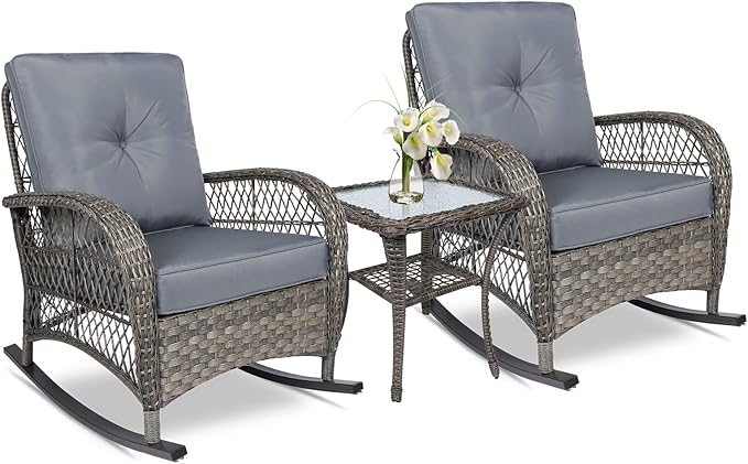 VIVIJASON 3-Piece Outdoor Conversation Bistro Set, Patio Wicker Rocking Chairs Rattan Furniture Sets w/ 2 Rattan Chairs, Cushions, Glass Top Side Table for Garden Porch Backyard (Grey)
