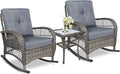 VIVIJASON 3-Piece Outdoor Conversation Bistro Set, Patio Wicker Rocking Chairs Rattan Furniture Sets w/ 2 Rattan Chairs, Cushions, Glass Top Side Table for Garden Porch Backyard (Grey)
