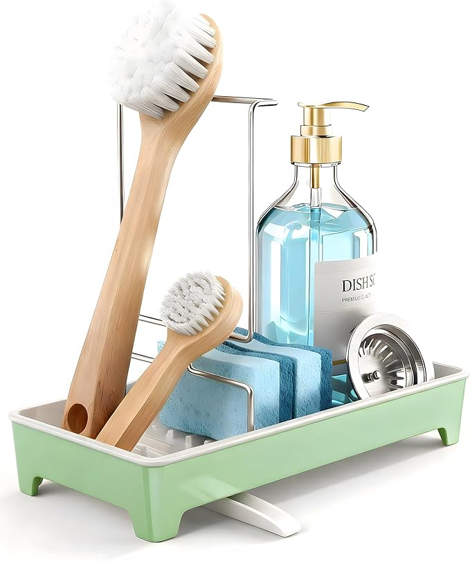 Ceramic-Look Sink Caddy, Rustproof Sponge Holder for Kitchen Sink with 304 Stainless-Steel Brush Holder, Countertop Rack Organizer with Raised Ridges & Silicone Drain Tube (Mint Green)