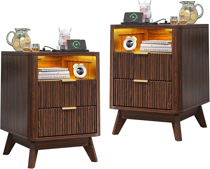 Nightstand with Charging Station, Fluted Nightstand with LED Lights, Modern Rustic Side Table with 2 Storage Drawers, Wooden End Table for Bedroom, Walnut 2pcs