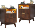 Nightstand with Charging Station, Fluted Nightstand with LED Lights, Modern Rustic Side Table with 2 Storage Drawers, Wooden End Table for Bedroom, Walnut 2pcs