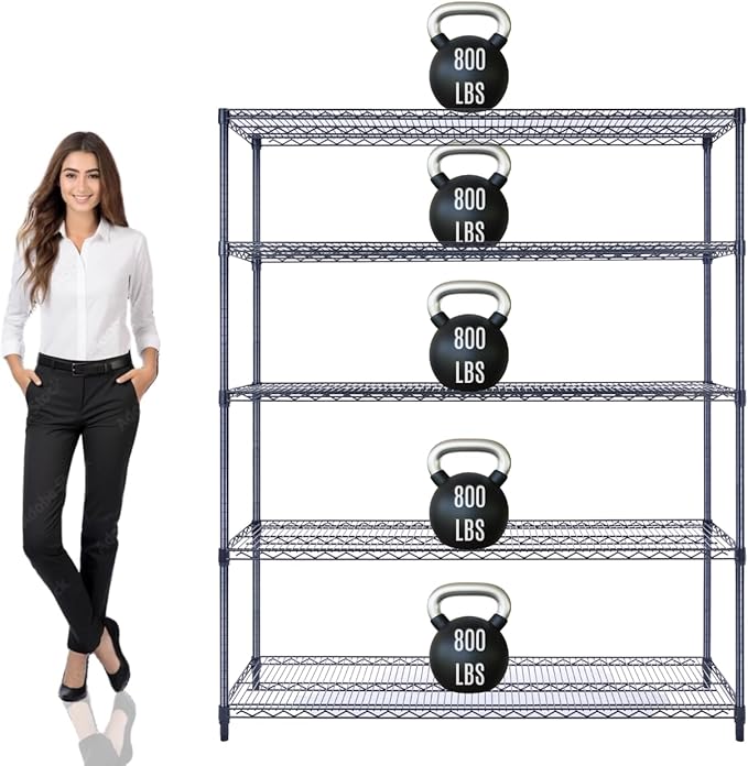 60"x18"x72" Prime Heavy Duty Black 5-Tier Wire Shelving NSF 4000 LBS MAX Capacity Storage Rack for Commercial, Hospital, School, Garage, and Kitchen Uses (with Wheels)