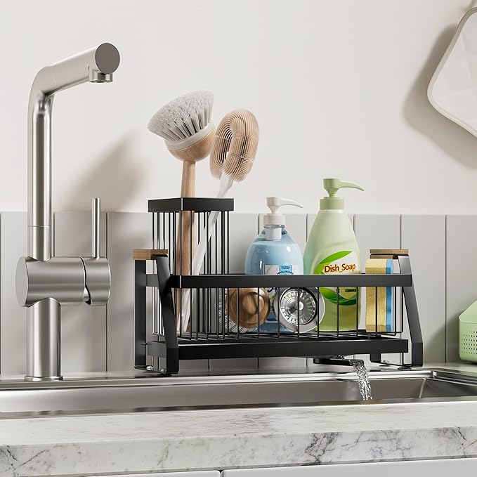 Sink Caddy Organizer with Wooden Handle & Self-Draining Tray, Trapezoid Kitchen Sponge Holder with Non-Slip Suction Cups , Organizer for Sponge, Brush, Soap Dispenser for Sink and Bathroom Countertop