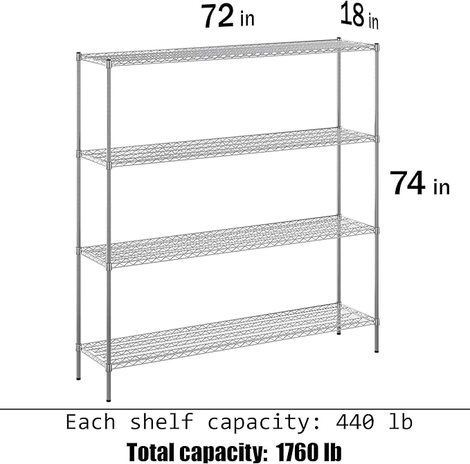 18" Deep x 72" Wide x 74" Height Wire Shelving Kit | 4-Tier | NSF Commercial Storage Rack Unit