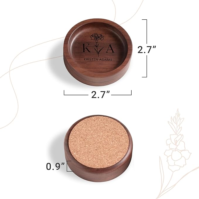 Walnut Wood Ring Holder, Engraved Jewelry Dish and Storage Tray, Unique Gift for Her, Valentine’s Day Gift (Customize, round)