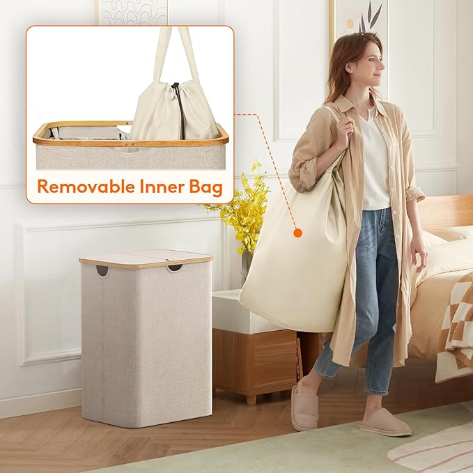 Lifewit 150L Laundry Basket with Lid, Clothes Hampers for Laundry with Bamboo Handles and A Removable Bag, Large Foldable Laundry Hamper for Bedroom, Bathroom, Dorm, Laundry Room, Beige