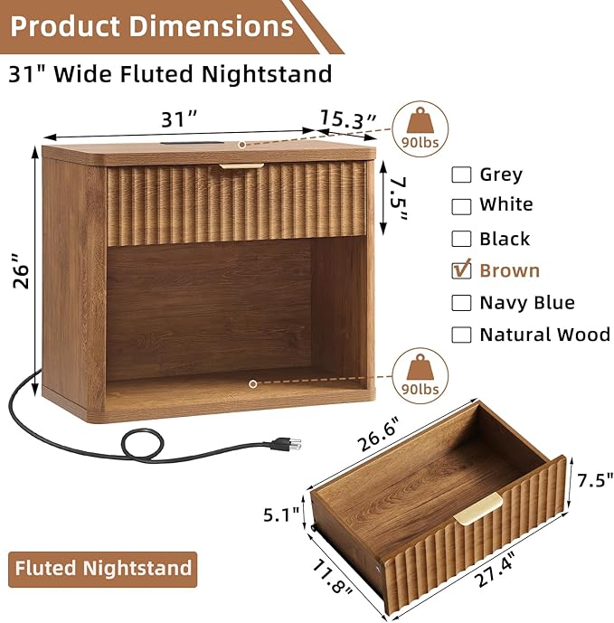 LEYAOYAO 31" Wide Fluted Nightstand with Charging Station, Oversized Extra Large 1 Drawer Night Stand with Golden Handle, Brown Wood Bedside Table Tall End Tables,for Bedroom, Living Room, Hallway