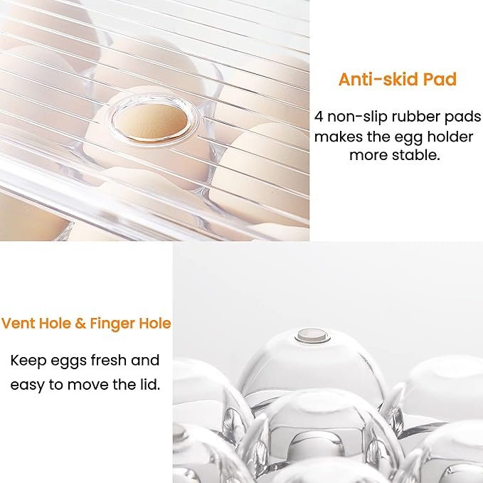 vacane Plastic Egg Holder for Refrigerator,Stackable Egg Holder Clear Tray with Lid,BPA-Free Egg Container Organizer Countertop Kitchen Fridge, Stores 16 Eggs - 2 Pack