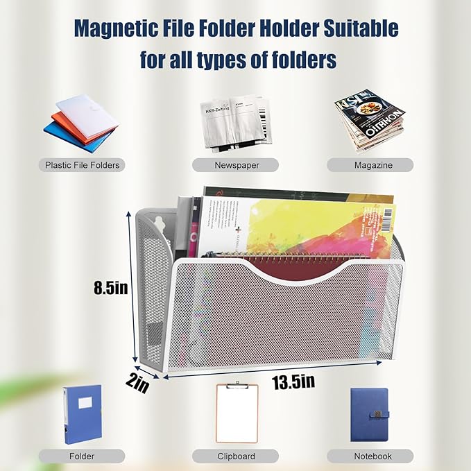 2 Pockets Magnetic File Holder for File Cabinets, Folder Holder Organizer- No Drilling Paper Document Holder, Large Capacity Office Hanging Magazine Rack for Refrigerator, Whiteboard, Office, Kitchen