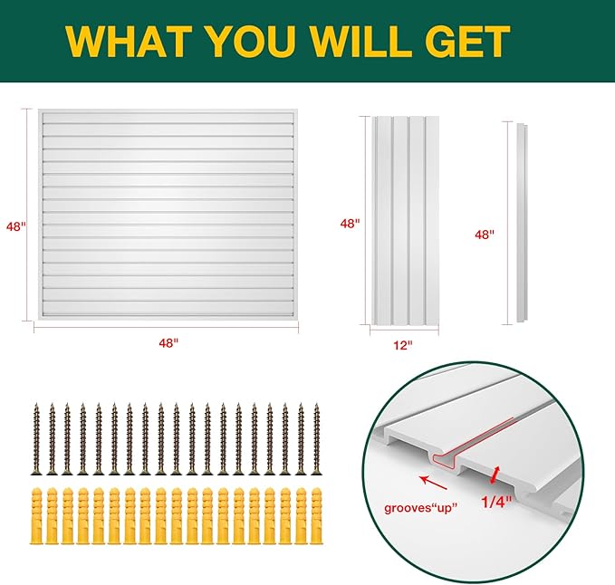 Yuzzy Slat Wall Paneling 4 x 4ft, Garage Slatwall Panel Wall Storage Systems, Heavy Duty PVC Garage Wall Organization (White)