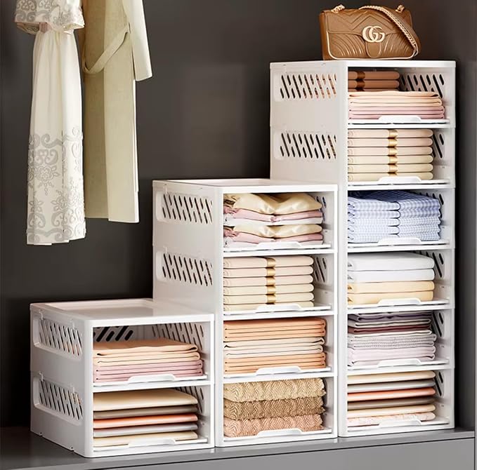 5 Pack Stackable Drawer Storage Baskets – Foldable Closet Organizer with Slide-Out Drawer Feature for Clothes, Kitchen, Bathroom & Laundry Room – Space-Saving Storage Bins, White