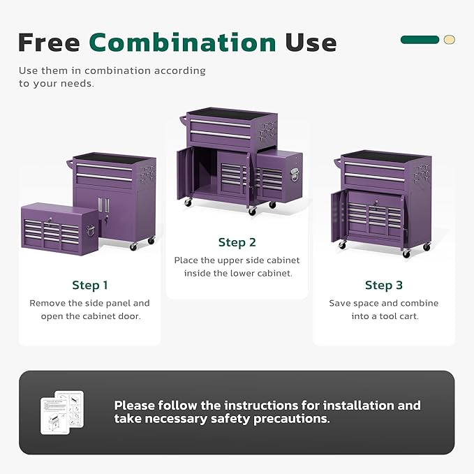 Greenvelly Tool Chest, 8-Drawer Rolling Tool Chest with Hooks and Lockable Wheels,Metal Storage Detachable Top Tool Box with Lockable Wheels for Garage,Workshop,Art Studio(Purple)