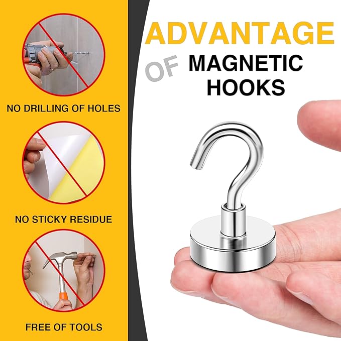 DIYMAG Magnetic Hooks, 50 LB Heavy Duty Magnets, 6 Packs Strong Rare Earth Neodymium Magnet Hook for Hanging, Magnetism Hanger for Curtain, Home, Kitchen, Workplace