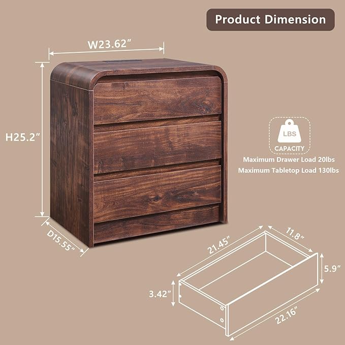 25" Tall Modern Nightstand with Charging Station, 23.6'' Wide Wood Bedside Table w/3 Storage Drawers, Small Dresser w/Curved Profile Design, End Table for Bedroom, Brown