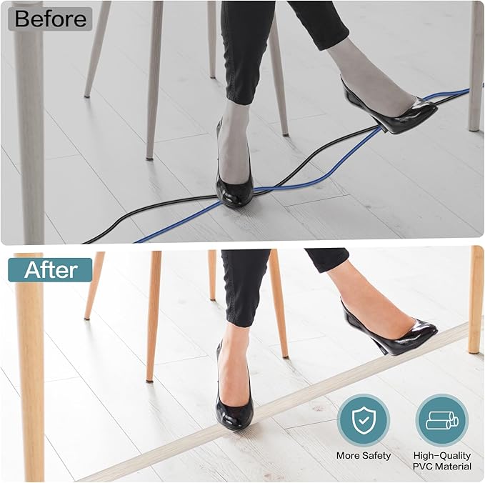 Floor Cord Cover Self Adhesive Cord Hider Floor Extension Cord Covers for Floor Power Cord Protector Cable Management Prevent Cable Trips Cable Cavity 0.47" W x 0.27" H (Beige Wood, 10Ft)