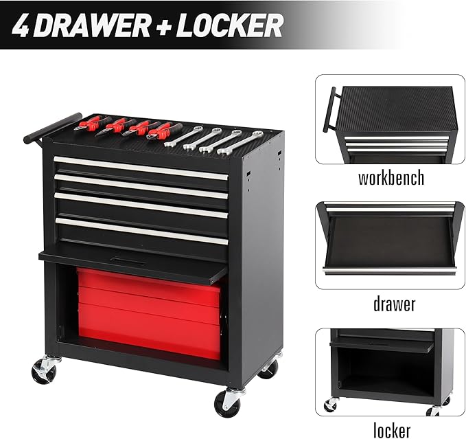 4-Drawer Rolling Tool Chest, Cabinet with 4 Wheels Tool Chest with Drawers, Suitable for Garages, Warehouses, Workshops, Repair Shops, Black