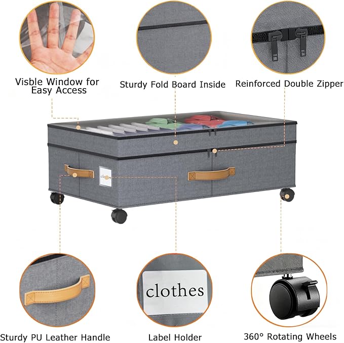 2 Pack Under Bed Storage with Wheels 65L XXL Large Under Bed Storage Containers Box with Lids 10inchs Underbed Storage with Wheels Rolling Under the Bed Storage Bins for Shoes,Clothes,Blankets,Toys