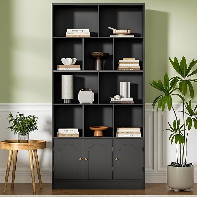71" Tall Bookshelf with 10 Cubes and 3 Doors, 4-Tier Bookshelf, Open Shelf Bookcase with Cabinet, Modern Cube Storage Organizer for Living Room, and Office, Black