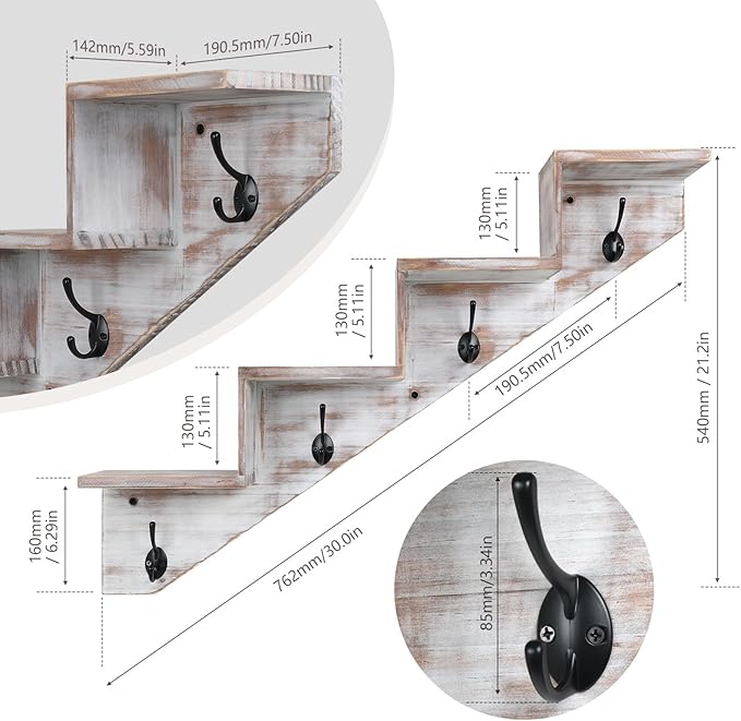 Coat Rack Wall Mount with Shelf, White Ladder Shelf with Hooks Underneath, Wall Mounted Rise Wooden shelves for Decorative, 4 Double Hooks for Hanging Coats, Keys, Books, Flowers, Planter, Towels