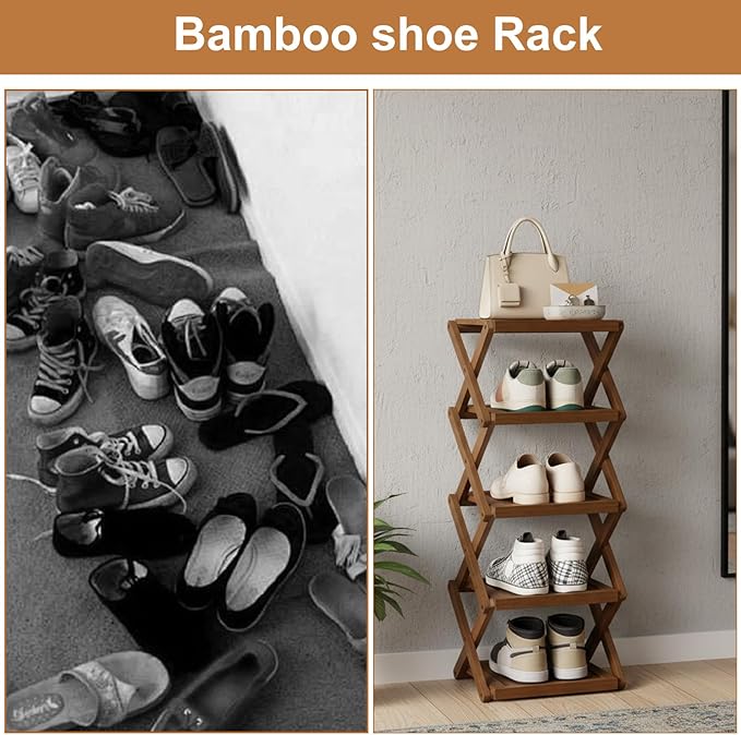 YYW Flat Bamboo Shoe Rack for Entryway, Installation-Free and Folding Vertical Small Shoe Rack, Saves Space Narrow Shoe Racks for Doorway Closet