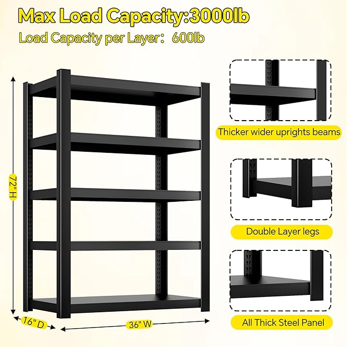 CJF Metal Storage Shelves, 5-Tier Garage Shelving Unit, Heavy Duty Adjustable Metal Shelving for Garage, Basement, Pantry, Warehouse-Black (71 "H x 36" W x 16" D)