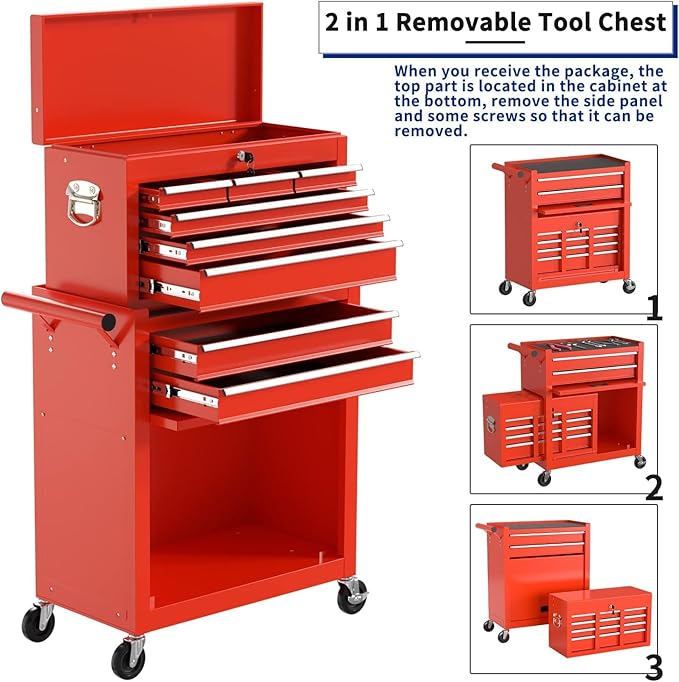 8-Drawer High Capacity Rolling Tool Box with Wheels,Rolling Tool Chest with Drawer,Tool Box on 4 Wheels with Lock, Tool Storage Cabinet Removable Portable Box for Garage Warehouse (Red)