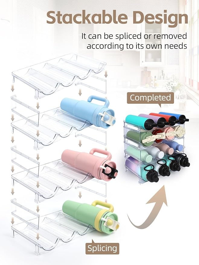 Water Bottle Organizer - 4 Pack Clear Stackable Bottle Storage Rack and Wine Rack for Stanley Yeti Bottle and Other Tumbler Organizer for Kitchen Cabinets, 4 Tier Hold 16