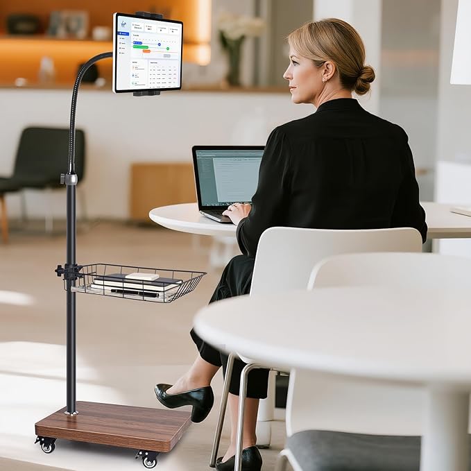 wishacc Adjustable Floor Tablet Stand with Rolling Base, Flexible Gooseneck Mount, Wood Platform, Mobile Device Holder for Indoor Use