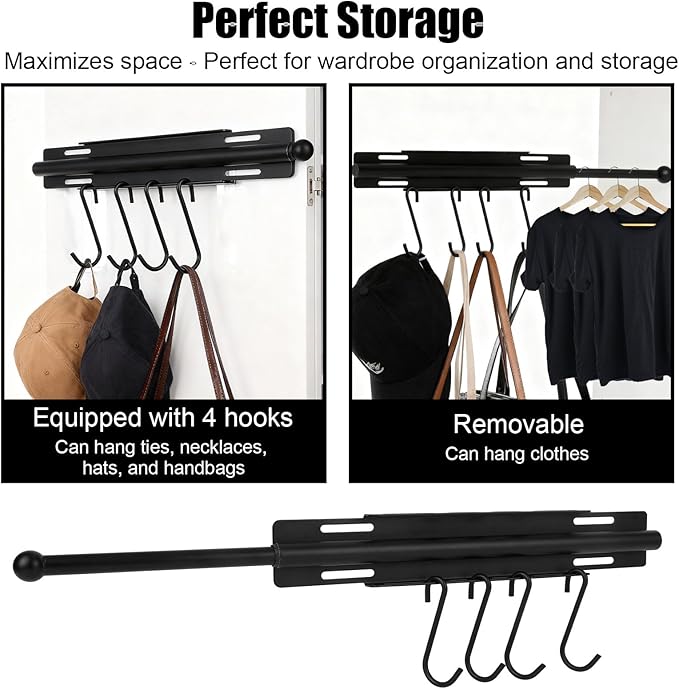 Valet Rod for Closet, Carbon Steel Extending Closet Valet Rod with 4 Hooks & Installation Hardware Heavy Duty Pull Out Hanger Bar Rack Accessories for Hanging Clothes Bathroom Laundry (Black)