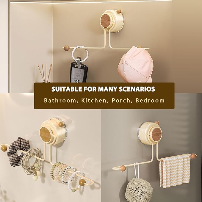 Wall Hanging Jewelry Organizer with Wooden Beads, Strong Suction Cup Hair Clip Holder for Bathroom & Bedroom, 12 Inch Space Saving Storage for Hair Ties, Necklaces, Bracelets, Rings