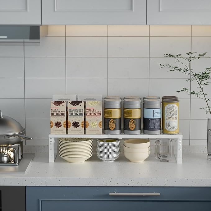 Expandable Cabinet Shelf Organizer Storage Spice Rack Shelves for Kitchen Stackable Adjustable Pantry Cupboard Bathroom Countertop Desktop(1Pack/White/Medium-with Hole)