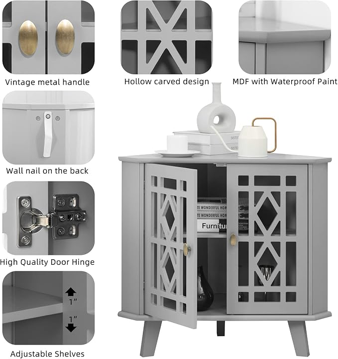 Scurrty 32'' Corner Shelf Stand, Small Corner Table Sideboard Cabinet with 2 Doors and 2-Tier Shelves, Free-Standing Corner Storage Organizer for Living Room, Dining Room & Bathroom (Grey)
