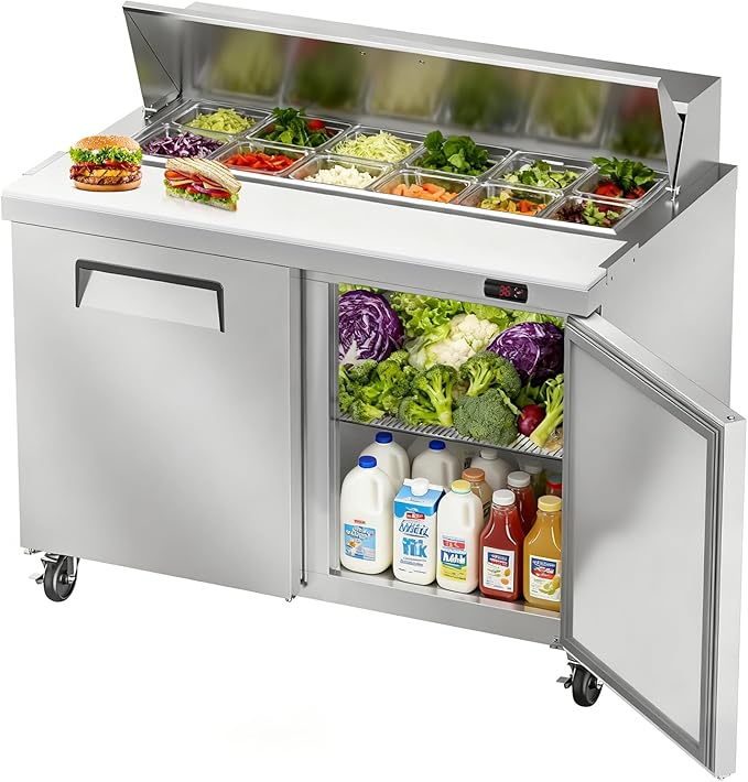 48" W Commercial Refrigerator Sandwich Salad Prep Table, Stainless Steel 2-Door Sandwich Prep Table Refrigerator, Counter Fan Cooling Refrigerator with 12 Pans for Restaurant, Bar