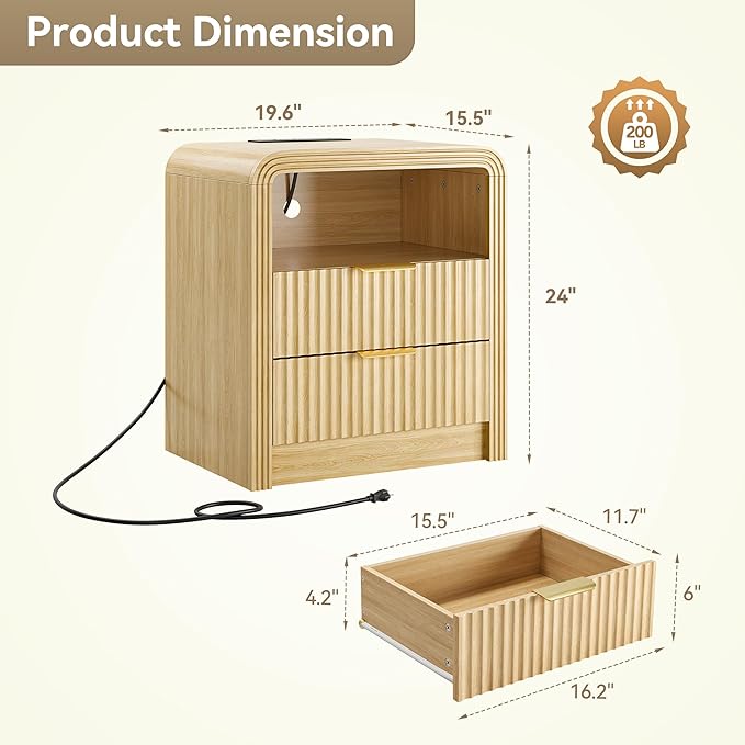 Fluted Nightstand with Charging Station, 19.7'' Wide Morden End Table with USB/Type-C Ports, 2 Drawers & Open Shelf, Curved Profile Design, Wood Bedside Table for Bedroom (Natural Oak)
