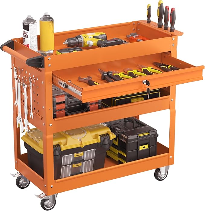 3 Tier Rolling Tool Cart with Drawers, Heavy Duty Utility Cart on Wheels, Large Storage Capability Service Cart for Garage, Warehouse and Repair Shop (Orange)