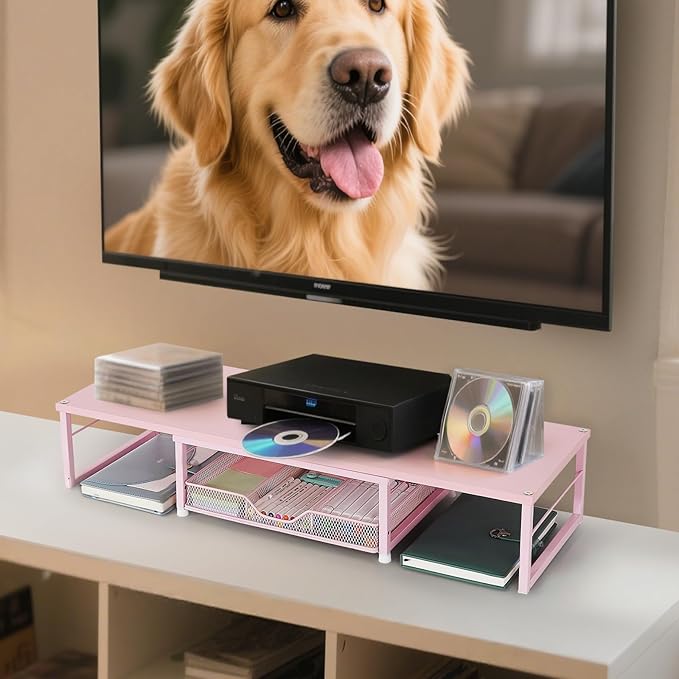 OPNICE Dual Monitor Stand Riser, Desk Organizer with Drawer, Office Desk Organizers and Accessories, Office Workspace Organization Computer Monitor Stand for Laptop, Printer, TV（Pink）