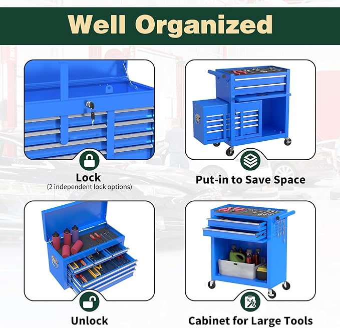 8-Drawer Heavy Duty Tool Chest with Wheels - Industrial Rolling Tool Box, Lockable Drawers & Smooth Glide System for Mechanics, Garage, Auto Repair Shop(Blue)