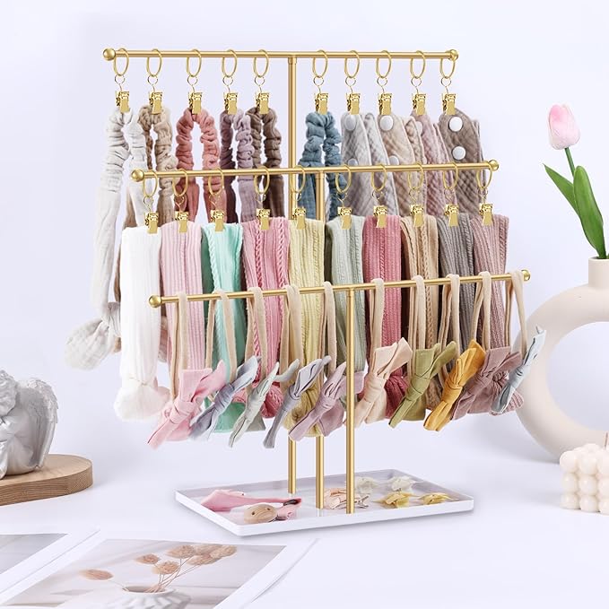 POVETIRE Headband Holder Stand Storage for Baby, 3 Tier Wooden Bow Organizer for Girls Hair Bows, Infant Hair Accessories Rack Display for Nursery Decor