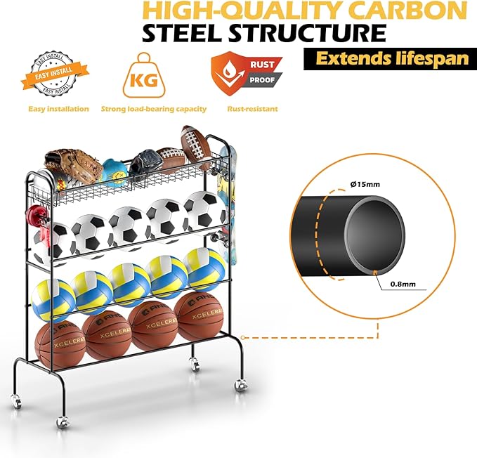 Ball Storage - Basketball Cart With Wheels Garage Volleyball Storage Sport Equipment Holder Organizer For Indoor Outdoor,Metal Storage Rack For Playgroup,Gym And School