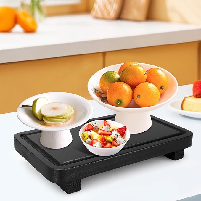 Black Bathroom Counter Organizer Tray Wood Riser Kitchen Countertop Trays Wooden Pedestal Display Stands Dish Soap Dispenser Holder for Bathroom Decor Kitchen Sink Accessories Vanity Tray