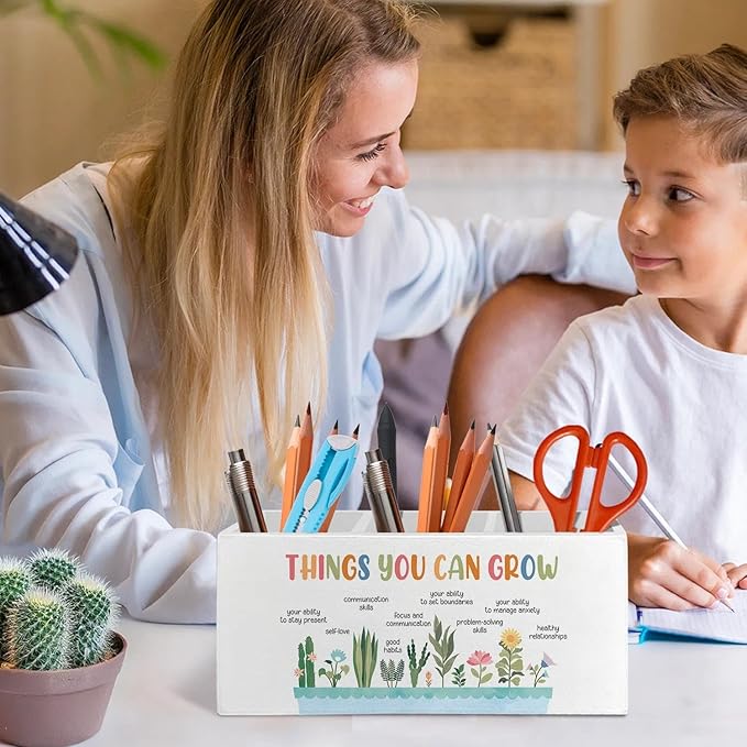 Self Growth Mental Health Pen Pencil Holder Organizer for Desk Accessories, Therapy Office Decor, Things You Can Grow Wooden Box Signs Decorations for School Counselor Office Desk Tabletop