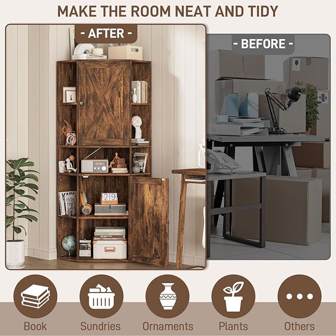 Farmhouse Corner Cabinet with Storage, Tall Corner Storage Cabinet with Adjustable Shelves and Barn Doors Farmhouse Cube Organizer Furniture Bookshelf Cabinets for Bathroom, Living Room (Rustic Brown)
