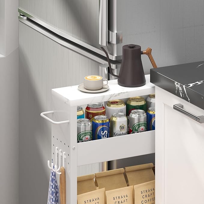 Slim Storage Cart, 4-Tier Kitchen Rolling Cart Narrow Storage Cabinet with Handle & Wheels, Metal Rolling Shelf Unit for Kitchen Bathroom Laundry Small Places(5 in Width/White)
