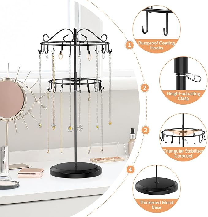 iDavosic.ly 2 Tier Rotating Necklace Holder Organizer with 42 Hooks, Adjustable Metal Bracelet Display Stand Rack, Extra Tall Keychain Spinning Tree Tower for Women, Black