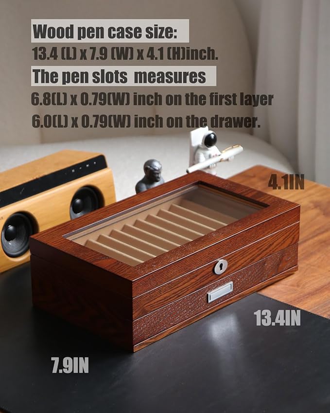 Wood Fountain Pen Case, 24 Slot Storage Organizer with Drawer, Glass Top Display Box for Collection