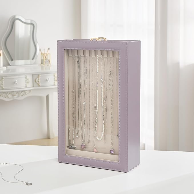 Lolalet Necklace Organizer Box, 2-Layer Jewelry Storage Boxes with Clear Lid for Necklaces, Tangle-Free Necklace Display Case for Women Girls -Dusty Purple