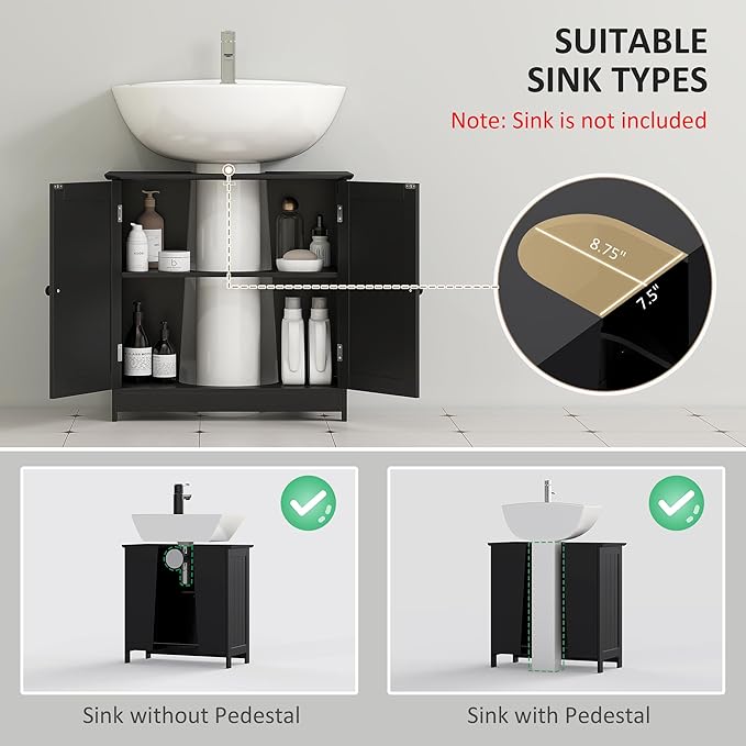HOMCOM Under Sink Bathroom Cabinet with 2 Doors and Shelf, Pedestal Sink Bathroom Vanity Cabinet, Black